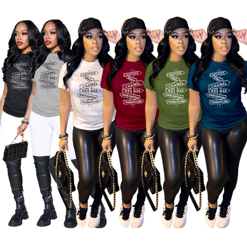 Summer Letter Print Round Neck Ladies Fashion Casual T-Shirt