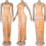 Women Ribbed Tie Dye Printed U Neck Lace-Up Dress