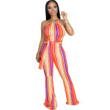 Multi-Color Striped Halter Neck Slim Fit Bell Bottom Women's Jumpsuit