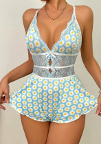Sexy Lingerie Floral Printed Lace Patchwork Strap Jumpsuit Home Clothes