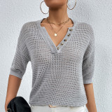 Women Casual V-neck Hollow Knitting Short Sleeve Top