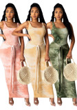 Women Ribbed Tie Dye Printed U Neck Lace-Up Dress