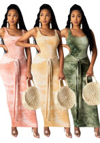 Women Ribbed Tie Dye Printed U Neck Lace-Up Dress Women Ribbed Tie Dye Printed U Neck Lace-Up Dress