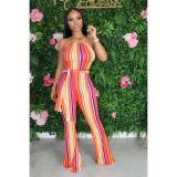 Multi-Color Striped Halter Neck Slim Fit Bell Bottom Women's Jumpsuit