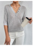 Women Casual V-neck Hollow Knitting Short Sleeve Top