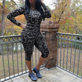 Women's Print Tight Fitting Long Sleeve Two-Piece Midi Shorts Set