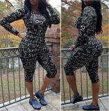 Women's Print Tight Fitting Long Sleeve Two-Piece Midi Shorts Set