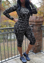 Women's Print Tight Fitting Long Sleeve Two-Piece Midi Shorts Set Women's Print Tight Fitting Long Sleeve Two-Piece Midi Shorts Set