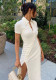 Women Button Bevel Slit Solid Dress