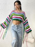 Women Rainbow Stripe Tassel Crop Loose Sweater