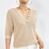 Women Casual V-neck Hollow Knitting Short Sleeve Top