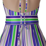 Multi-Color Striped Halter Neck Slim Fit Bell Bottom Women's Jumpsuit