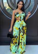 Women Casual Strap Printed Strapless Top and Wide Leg Pants Two-piece Set