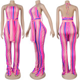 Multi-Color Striped Halter Neck Slim Fit Bell Bottom Women's Jumpsuit