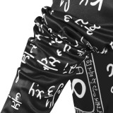 Women's Print Tight Fitting Long Sleeve Two-Piece Midi Shorts Set