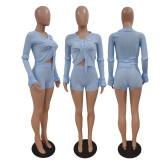 Women Striped Knitting Top and Shorts Two Piece Set