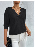 Women Casual V-neck Hollow Knitting Short Sleeve Top