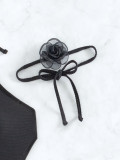 Solid Lace-Up Halter One Piece Swimsuit With Flower Chocker