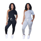 Sexy Women's Slash Shoulder Half Sleeve Solid Color Slim Fit Women's Sports Jumpsuit