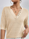 Women Casual V-neck Hollow Knitting Short Sleeve Top