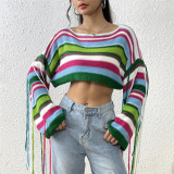 Women Rainbow Stripe Tassel Crop Loose Sweater