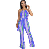 Multi-Color Striped Halter Neck Slim Fit Bell Bottom Women's Jumpsuit