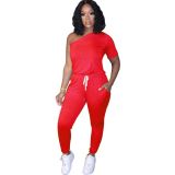 Sexy Women's Slash Shoulder Half Sleeve Solid Color Slim Fit Women's Sports Jumpsuit