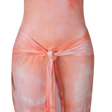 Women Ribbed Tie Dye Printed U Neck Lace-Up Dress