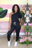 Sexy Women's Slash Shoulder Half Sleeve Solid Color Slim Fit Women's Sports Jumpsuit