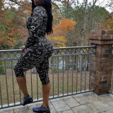 Women's Print Tight Fitting Long Sleeve Two-Piece Midi Shorts Set