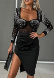 Women Beaded Patchwork See-Through Mesh Dress