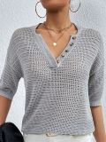 Women Casual V-neck Hollow Knitting Short Sleeve Top