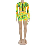 Print Hooded Zipper Long Sleeve Top Shorts Women's Casual Tracksuit