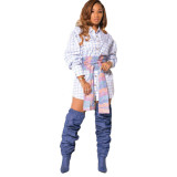 Women Contrast Belt Plaid Shirt dress