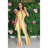 Multi-Color Striped Halter Neck Slim Fit Bell Bottom Women's Jumpsuit