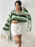 Women Rainbow Stripe Tassel Crop Loose Sweater
