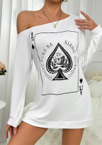 Sexy Poker Printed Slash Shoulder Long Sleeve T-Shirt Dress Pajamas Home Clothes