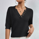 Women Casual V-neck Hollow Knitting Short Sleeve Top
