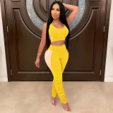 Women Sexy Solid Patchwork Gathered Sports Top and Pant Two-piece Set