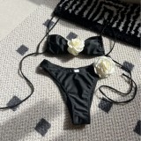 Solid Color Rose Drawstring Lace-Up Two Pieces Bikini Swimsuit
