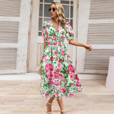 Summer Women's V-Neck Bohemian Print A-Line Dress