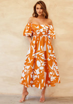 Sexy Off Shoulder Puff Sleeve Printed Casual Fashion Swing Chic Dress