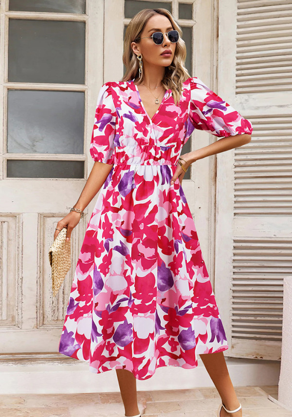 Summer Women's V-Neck Bohemian Print A-Line Dress