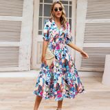 Summer Women's V-Neck Bohemian Print A-Line Dress