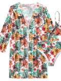 Swimwear Two Pieces Three-Piece Long Sleeve Bikini Printed Beach Swimsuit Women's Bikini Cover