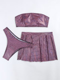 Sweet Purple Strapless Two Piece Bikini Three-Piece Swimsuit