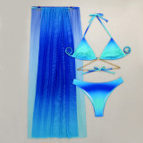Gradient Mesh Long Skirt Drawstring Lace-Up Bikini Three-Piece Swimsuit