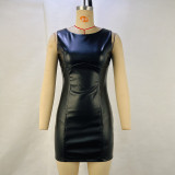 Women Spring Summer pu-Leather Sleeveless Bodycon Dress