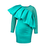Women Elegant Lace Sleeve Formal Party Party Ruffle Dress