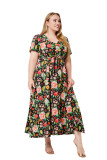 Plus Size Women Summer V Neck Short Sleeve Printed Bohemian Dress